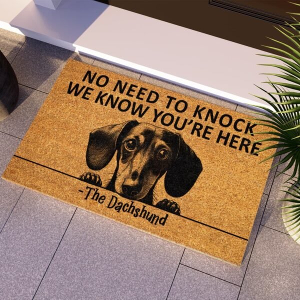 Funny Dachshund Doormat – No Need to Knock We Know You’re Here, Natural Coir Front Door Mat