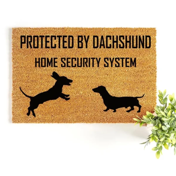 Protected by Dachshund Doormat – Funny Home Security Welcome Mat, Natural Coir Front Door Rug