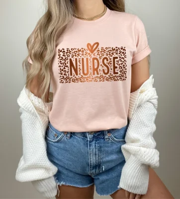 Leopard Print Nurse T-Shirt with Heart Design - S