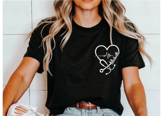 Personalized Nurse Heartbeat T-Shirt with Stethoscope Design - S