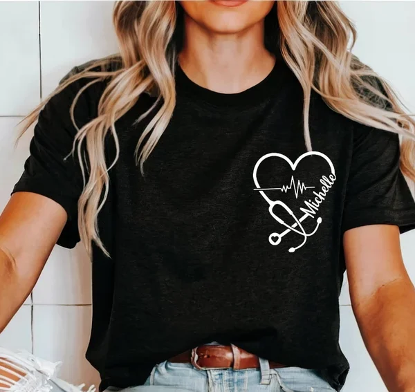 Personalized Nurse Heartbeat T-Shirt with Stethoscope Design